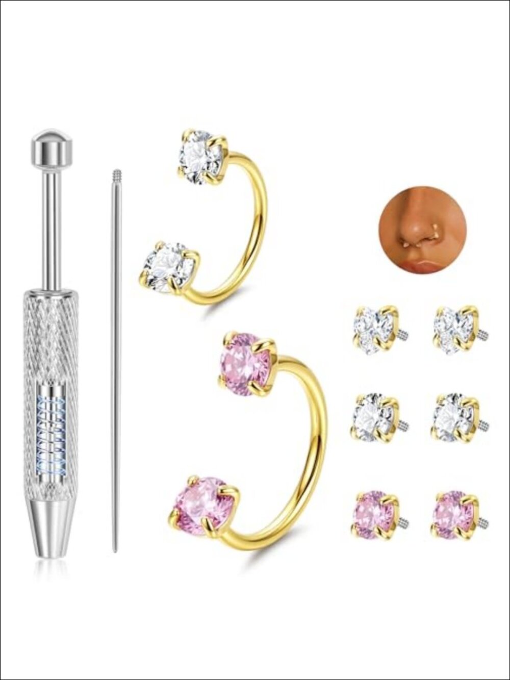 20G Surgical Steel Horseshoe Nose Ring Set Zircon Double Gem Septum Hoop